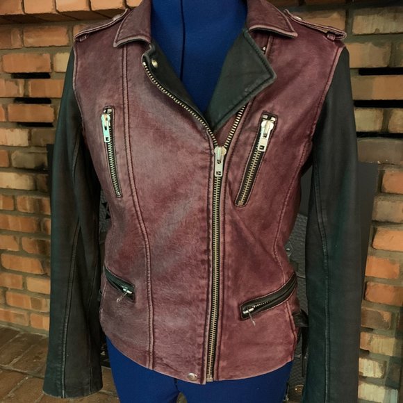 Iro Paris Distressed Burgundy/Black Leather Moto Jacket - Picture 5 of 8